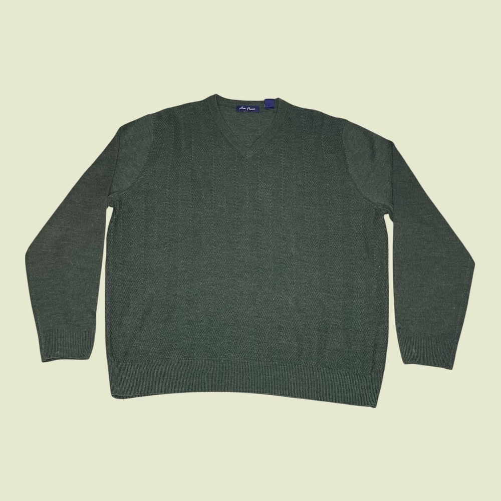 Alan Flusser Mens Dark Olive Green V Neck Herringbone Knit Acrylic Sweater LARGE